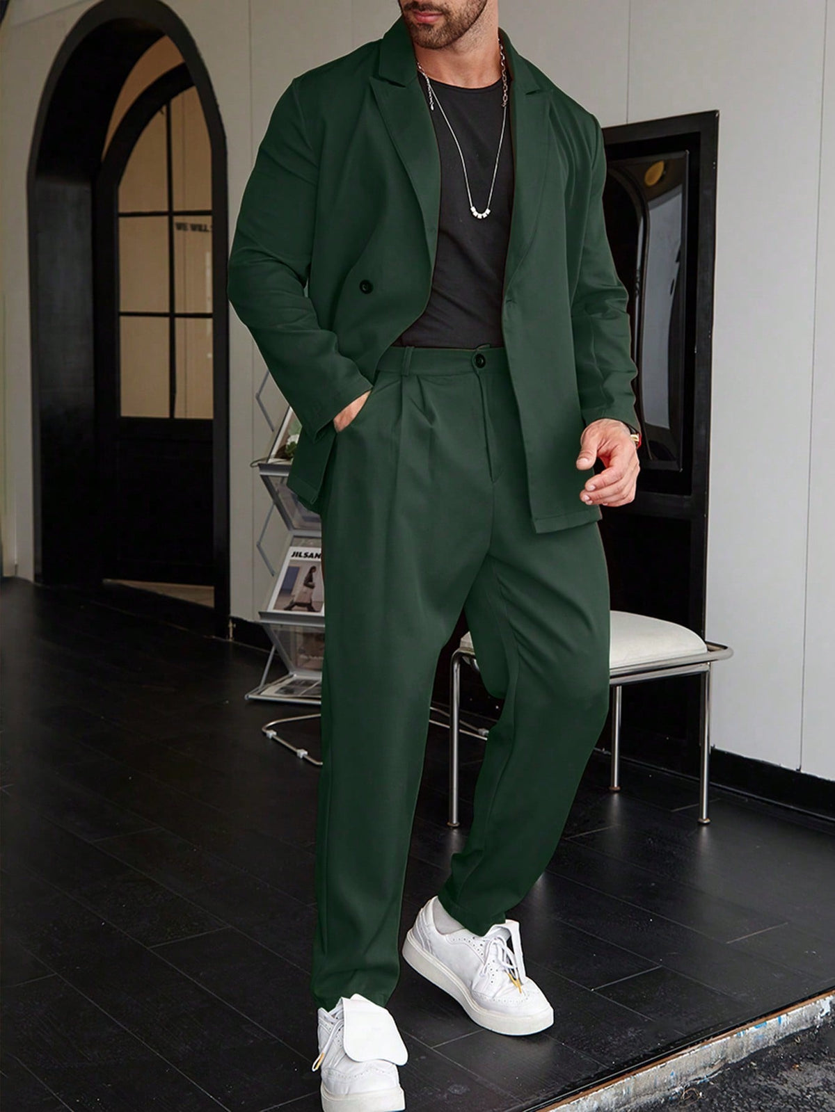 Slim Fit Two Piece Business Suit Set with Blazer and Straight Leg Pants for Men