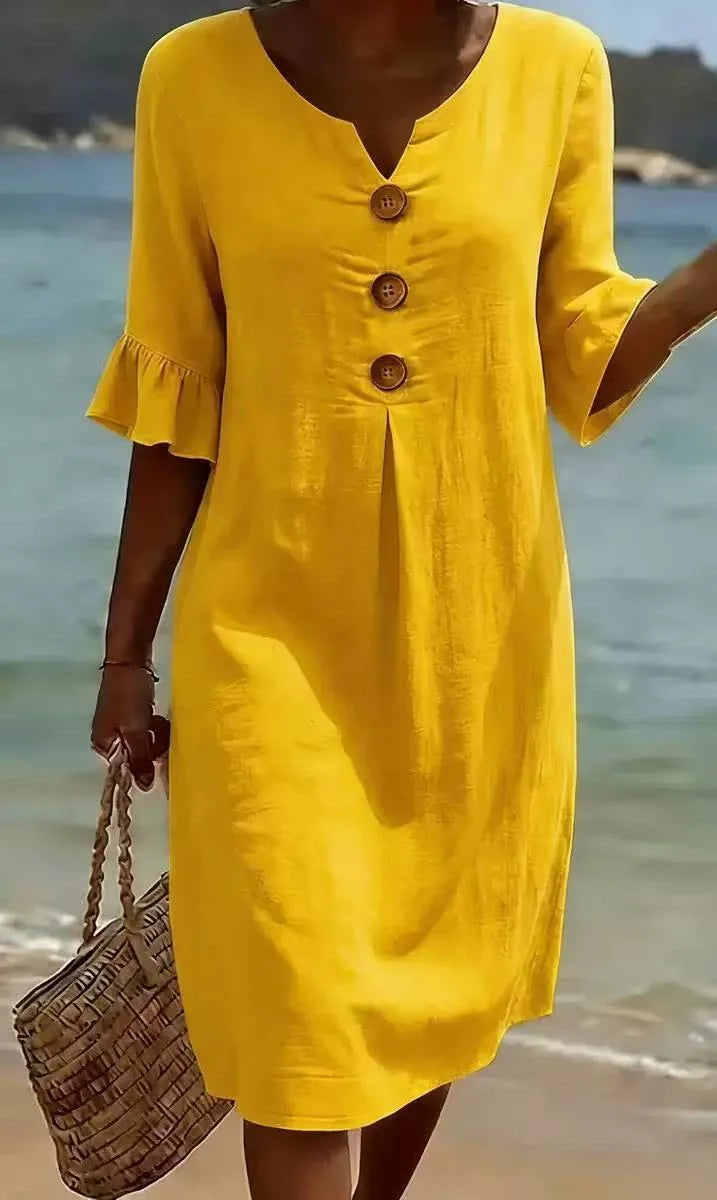 Yellow V-Neck Midi Dress for Women | Summer Casual Occasion