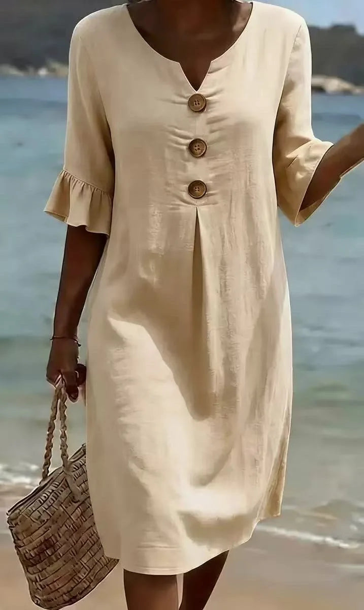 Yellow V-Neck Midi Dress for Women | Summer Casual Occasion