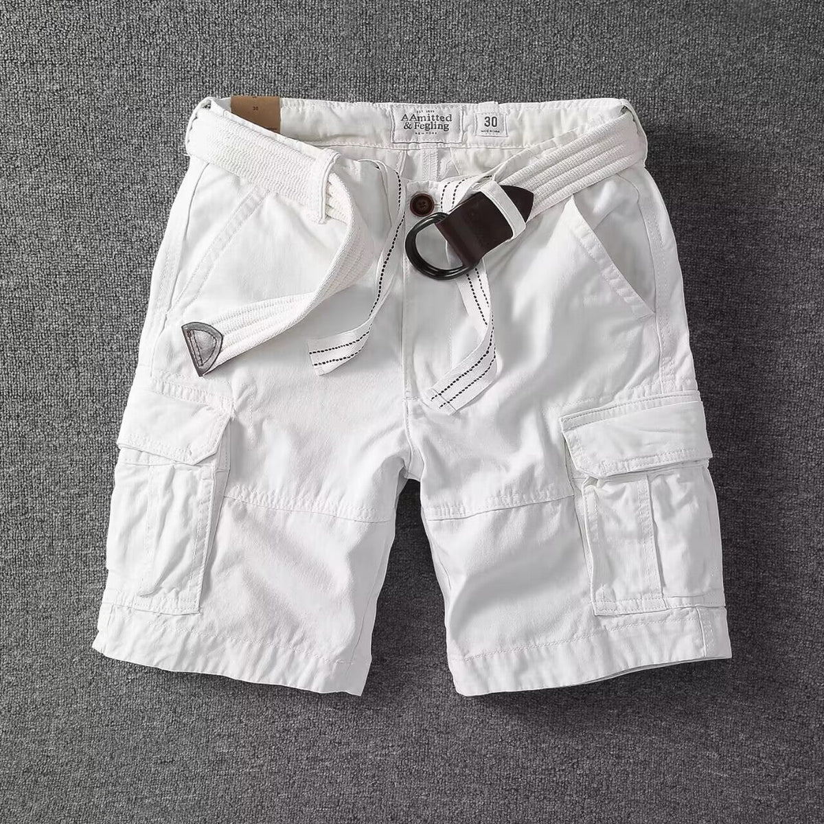 Washed Charcoal Relaxed Fit Utility Cargo Shorts with Adjustable Belt for Men