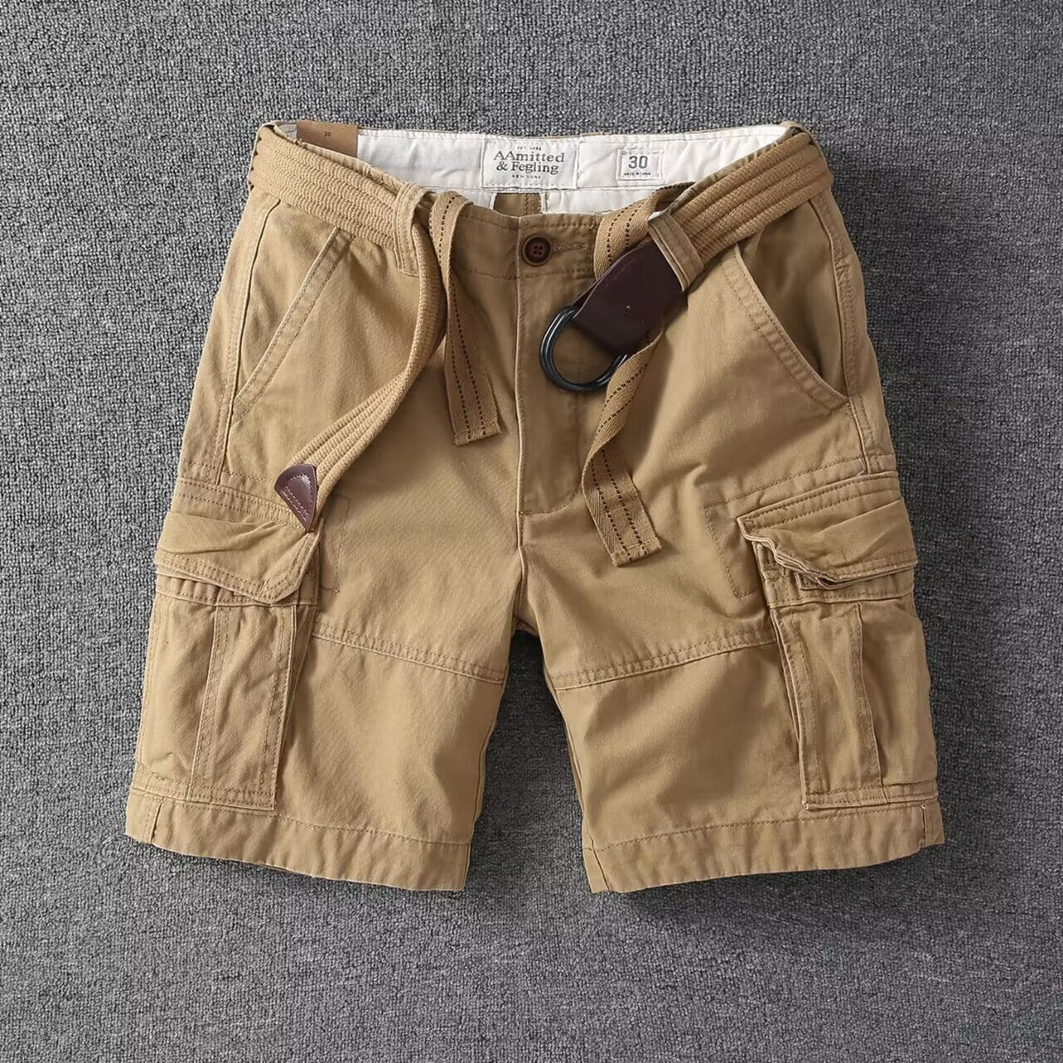 Washed Charcoal Relaxed Fit Utility Cargo Shorts with Adjustable Belt for Men