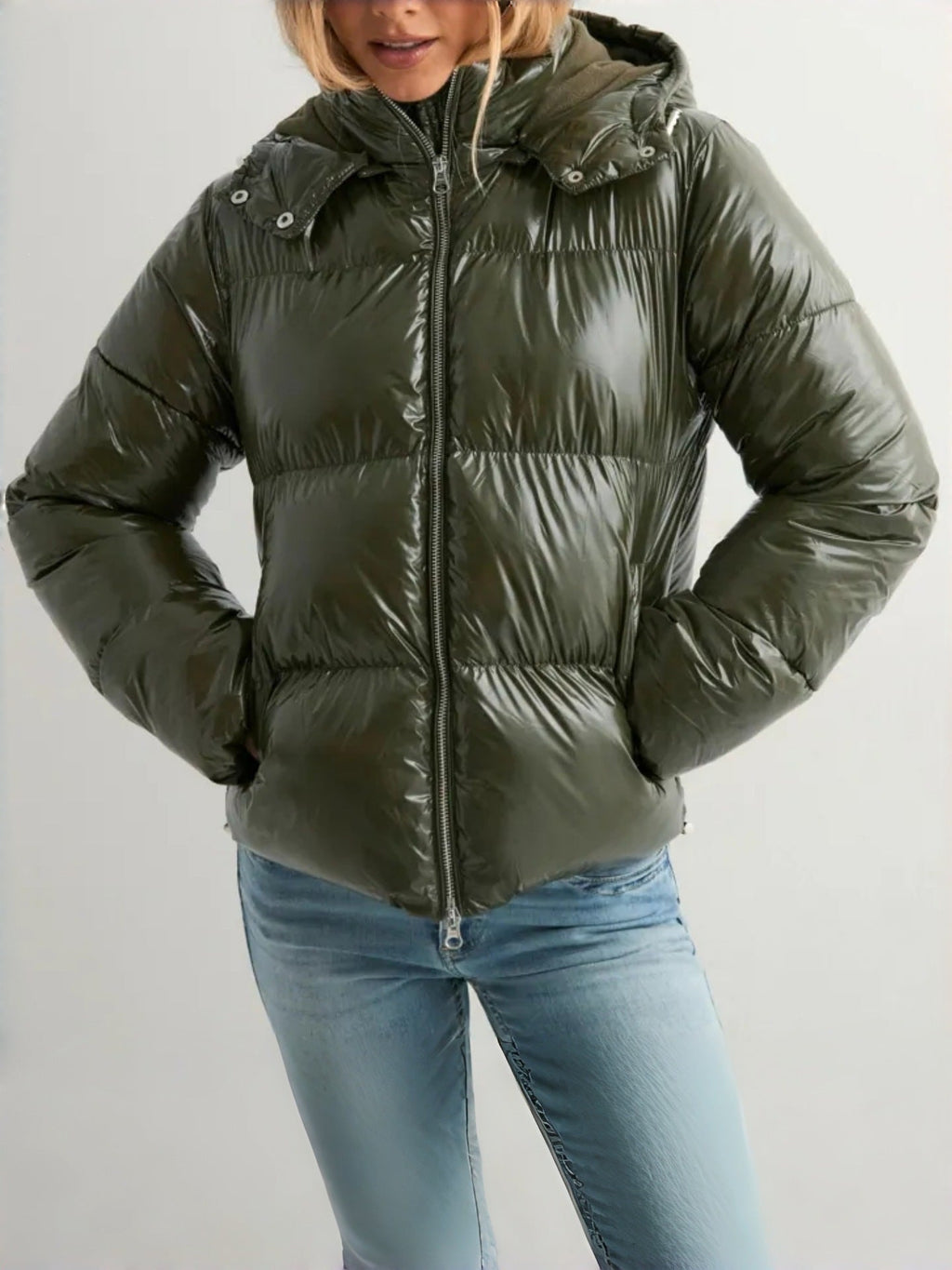 Shiny Polyester Quilted Jacket with Adjustable Hood and Zip Pockets for Women