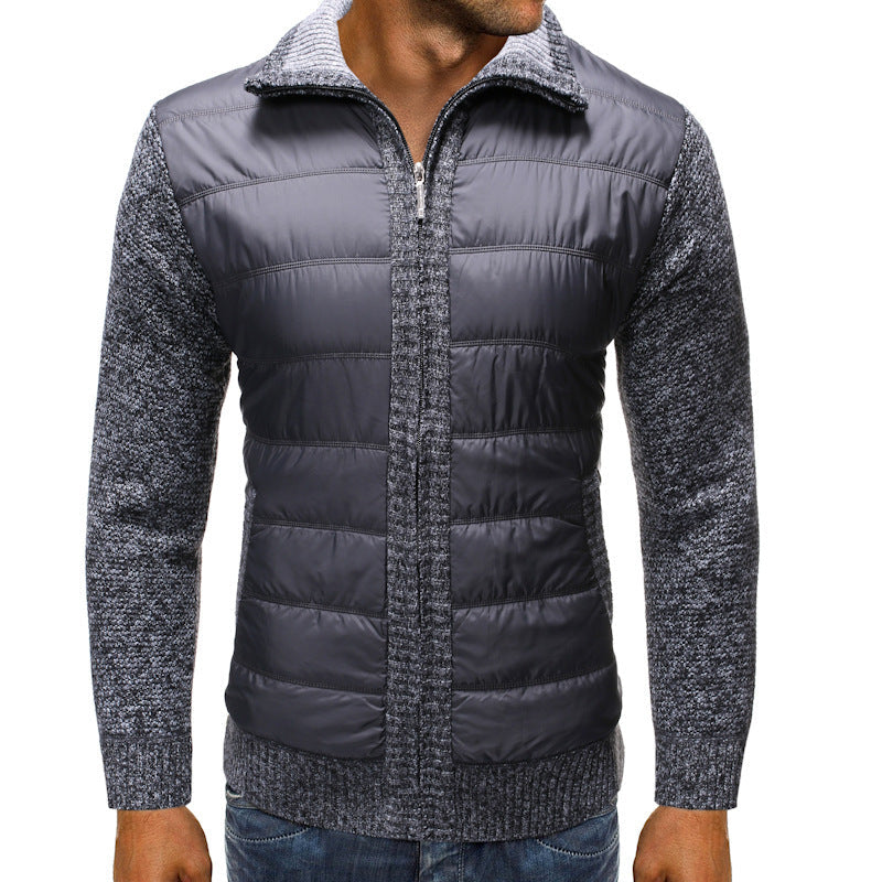 Quilted Hybrid Knit Sleeve Jacket with Stand Collar and Full Zip for Men