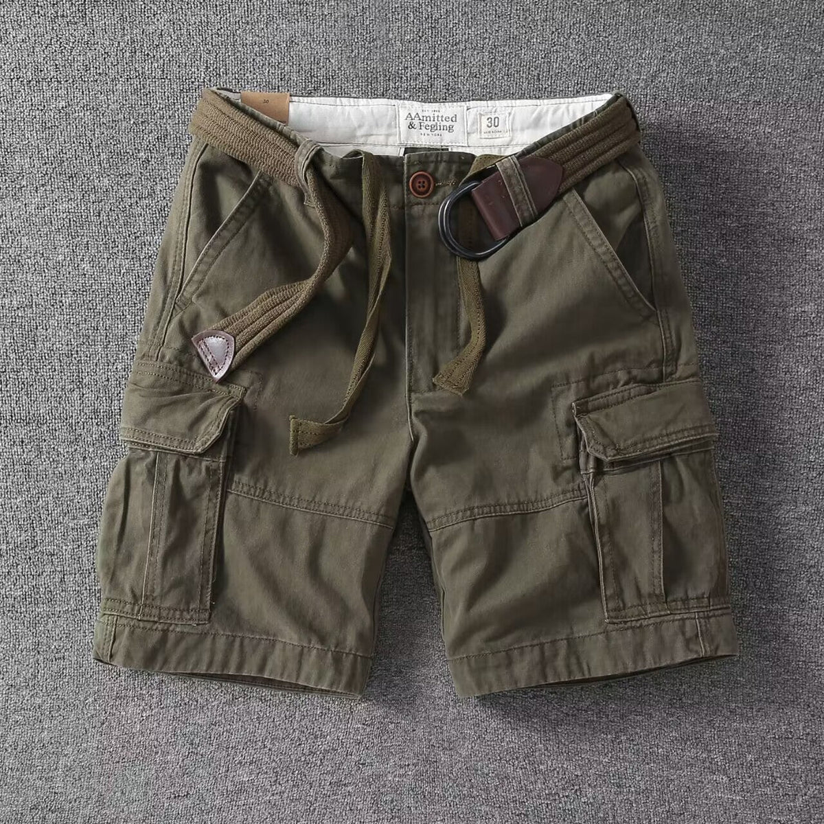 Washed Charcoal Relaxed Fit Utility Cargo Shorts with Adjustable Belt for Men