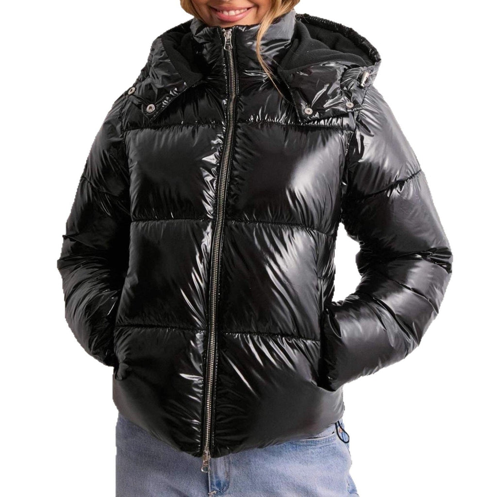 Shiny Polyester Quilted Jacket with Adjustable Hood and Zip Pockets for Women