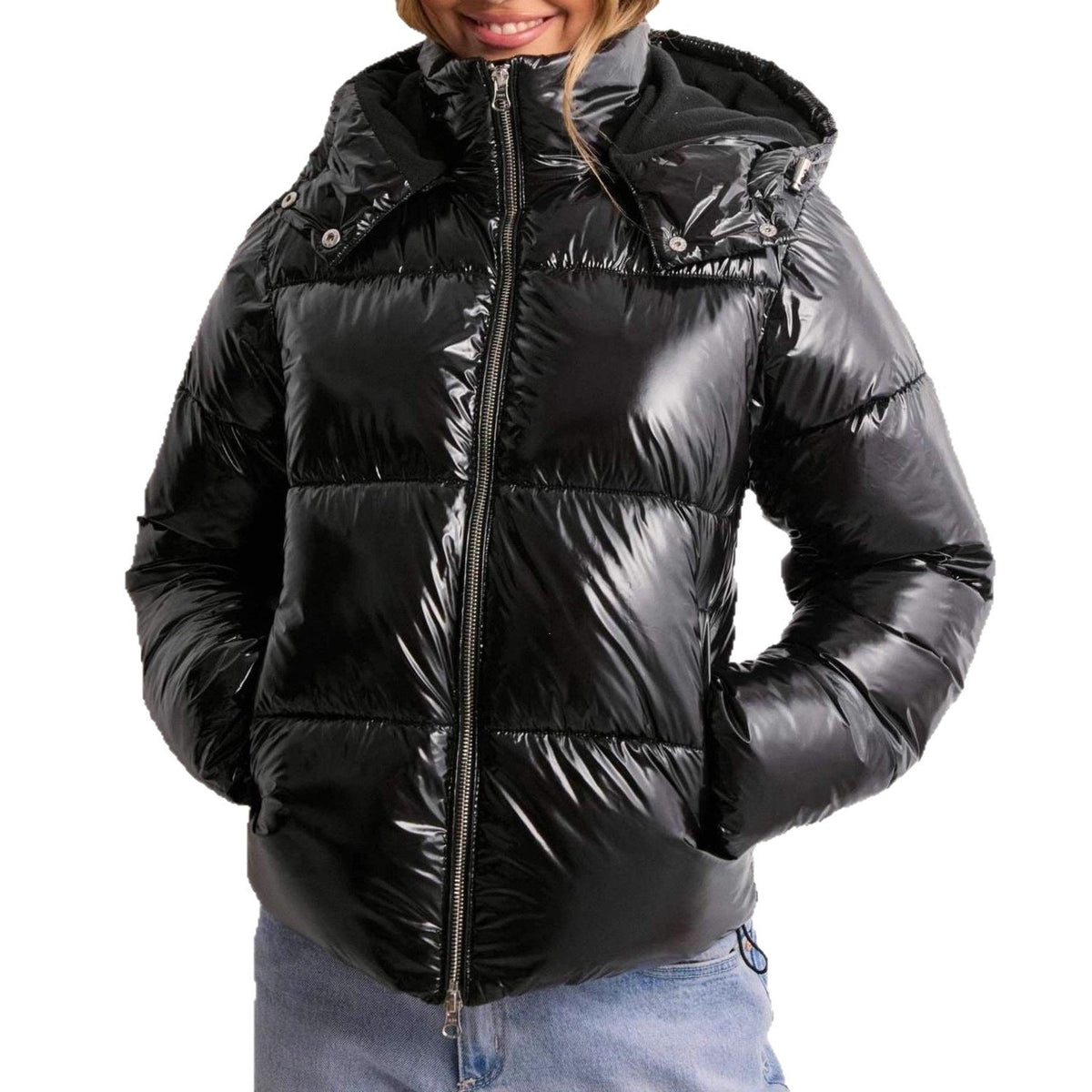 Shiny Polyester Quilted Jacket with Adjustable Hood and Zip Pockets for Women