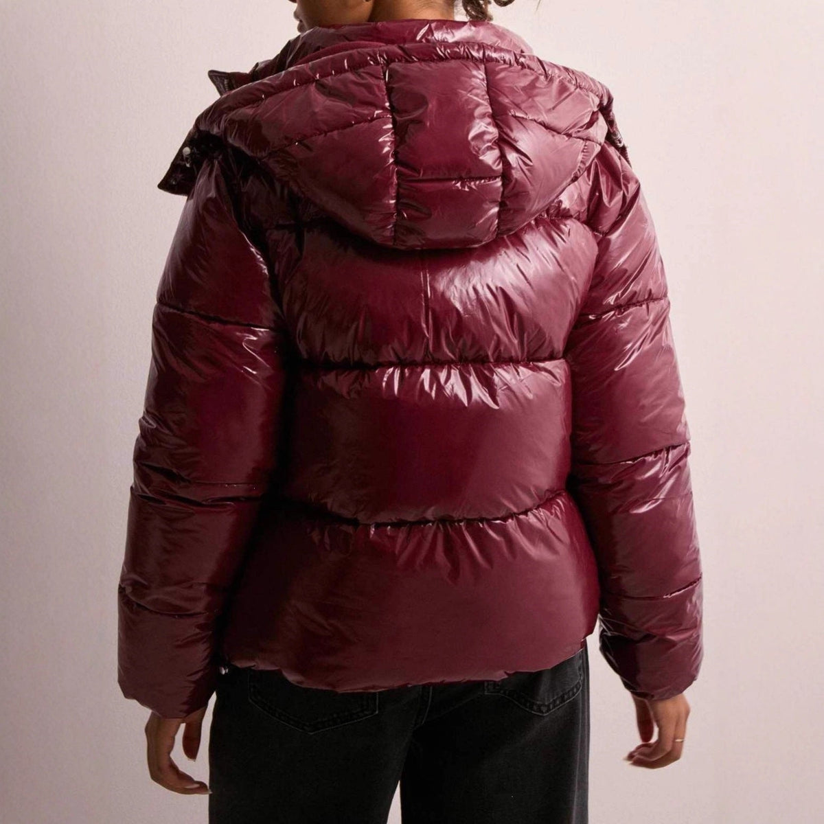 Shiny Polyester Quilted Jacket with Adjustable Hood and Zip Pockets for Women