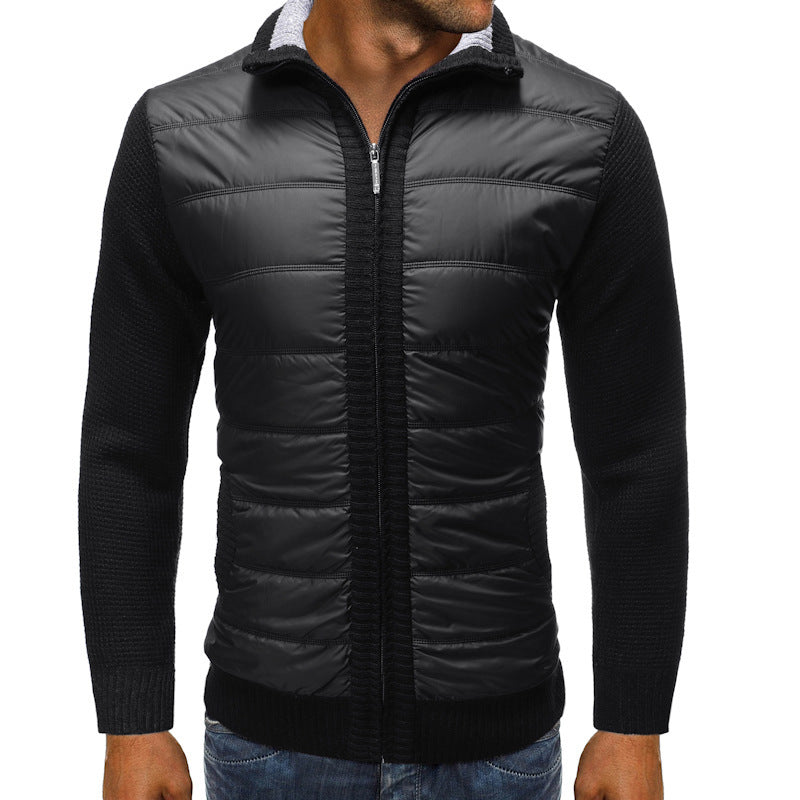 Quilted Hybrid Knit Sleeve Jacket with Stand Collar and Full Zip for Men