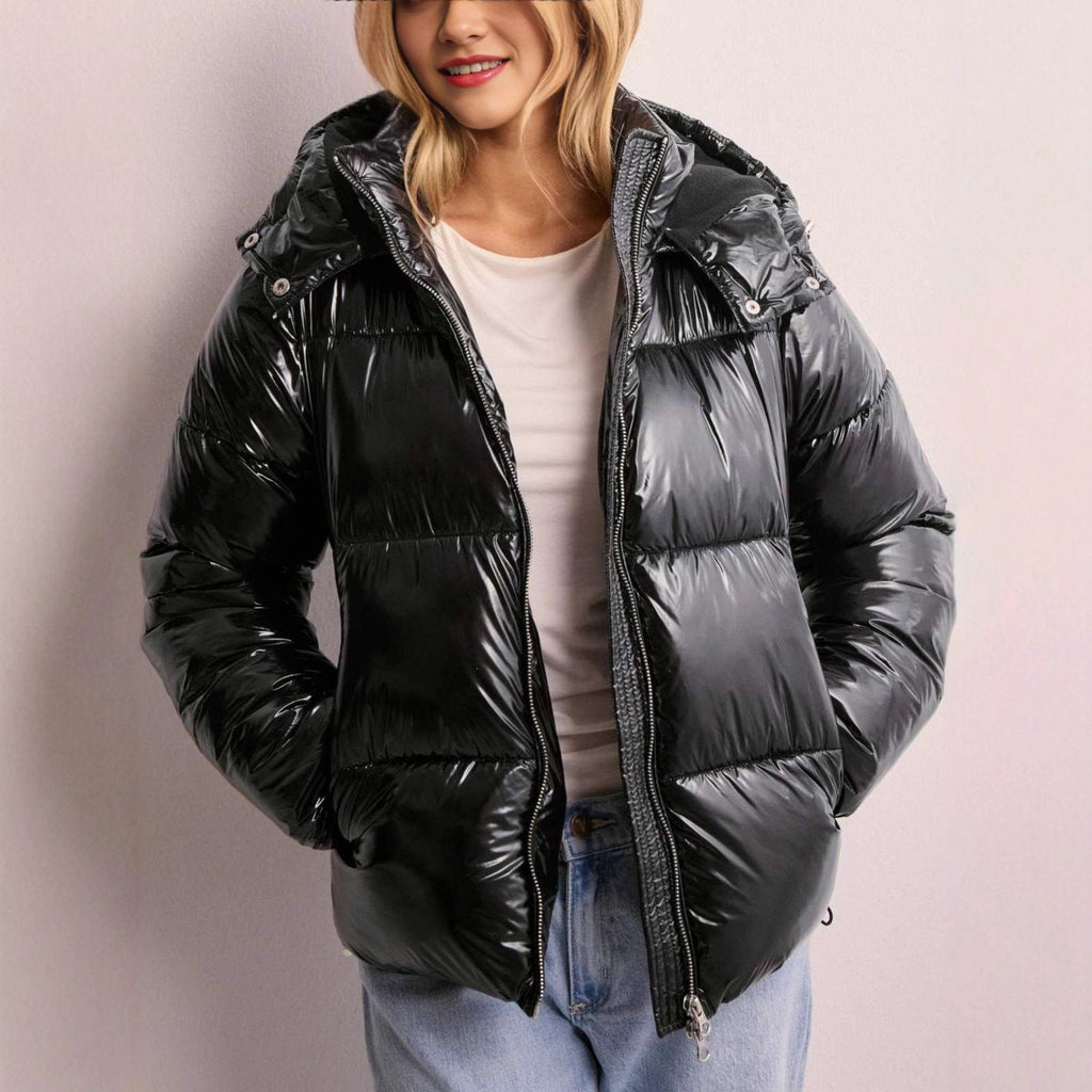 Shiny Polyester Quilted Jacket with Adjustable Hood and Zip Pockets for Women