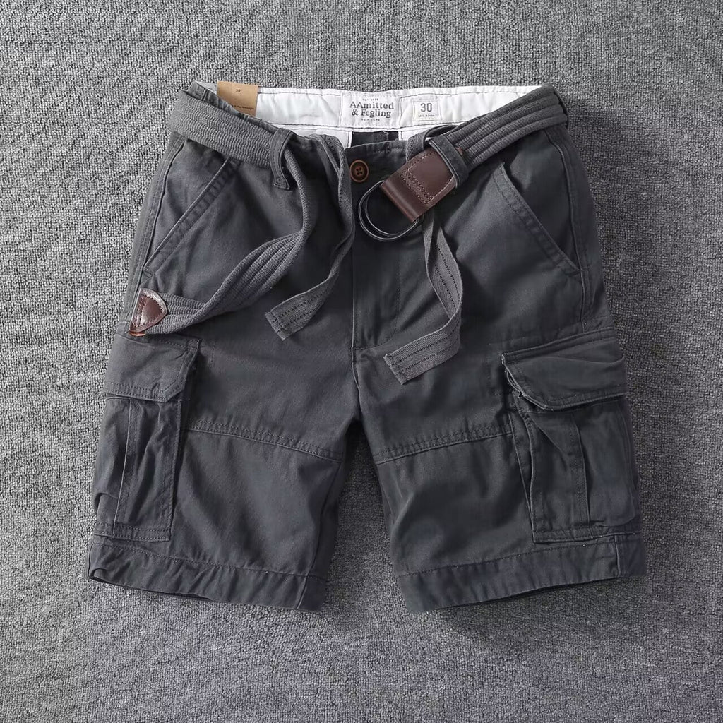 Washed Charcoal Relaxed Fit Utility Cargo Shorts with Adjustable Belt for Men