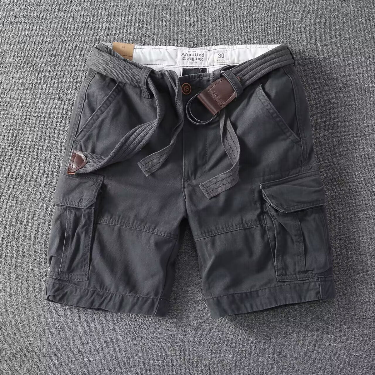 Washed Charcoal Relaxed Fit Utility Cargo Shorts with Adjustable Belt for Men