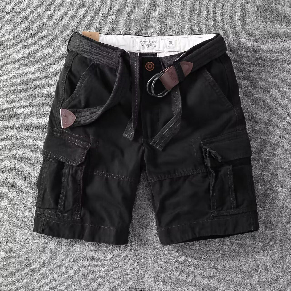 Washed Charcoal Relaxed Fit Utility Cargo Shorts with Adjustable Belt for Men