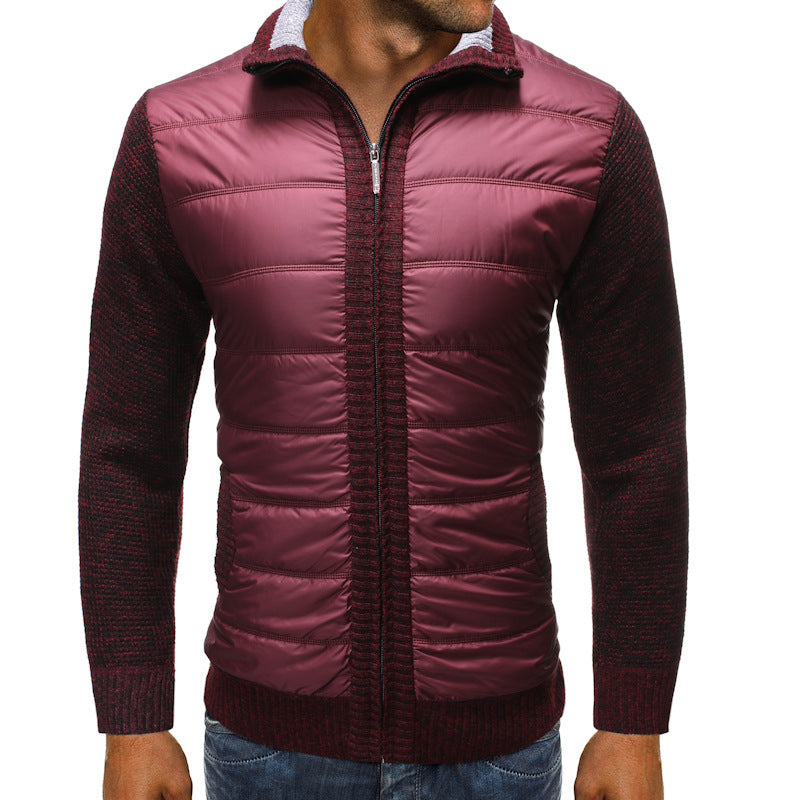 Quilted Hybrid Knit Sleeve Jacket with Stand Collar and Full Zip for Men