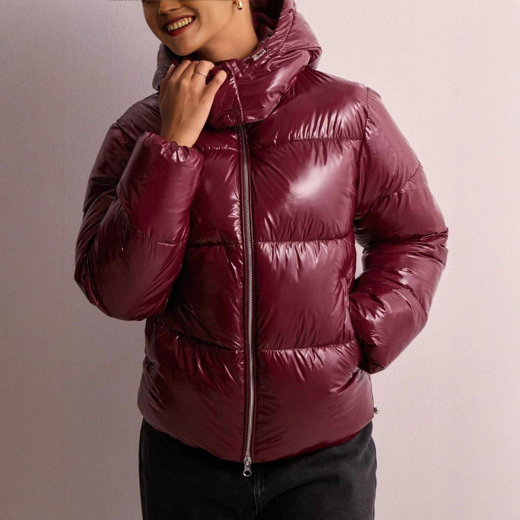 Shiny Polyester Quilted Jacket with Adjustable Hood and Zip Pockets for Women