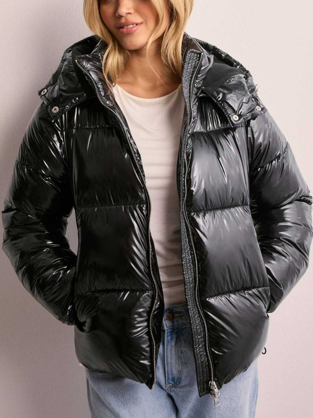 Shiny Polyester Quilted Jacket with Adjustable Hood and Zip Pockets for Women