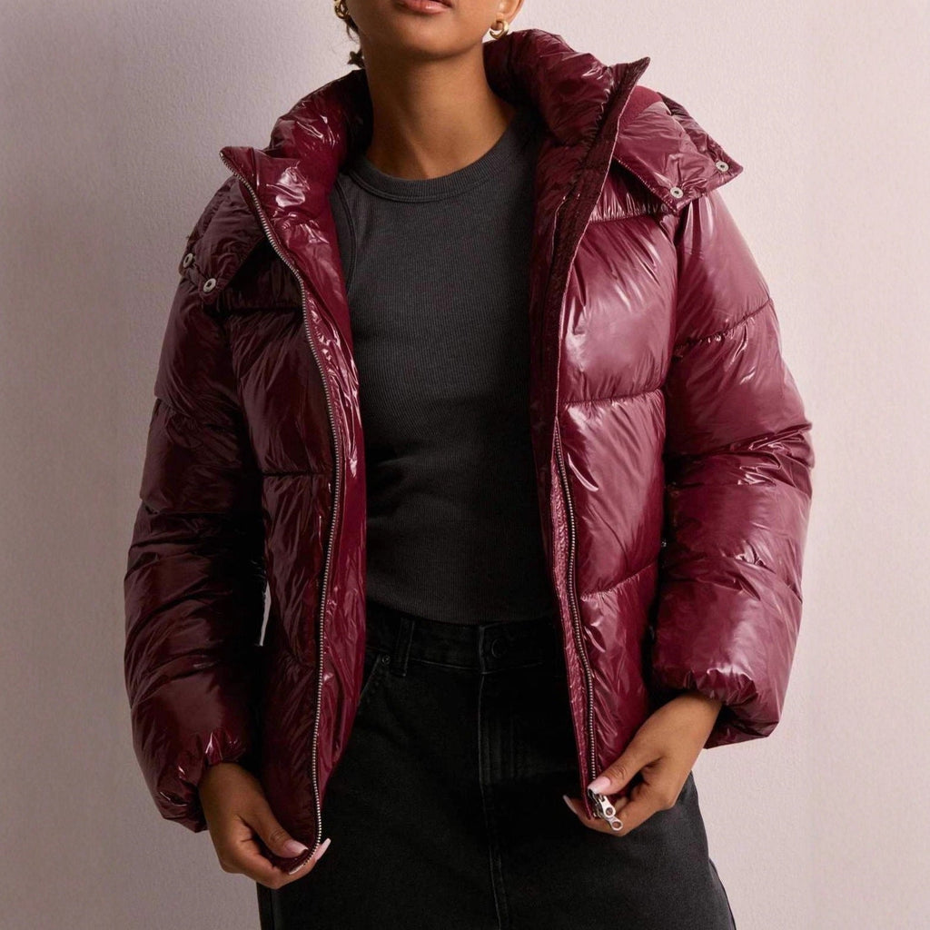Shiny Polyester Quilted Jacket with Adjustable Hood and Zip Pockets for Women