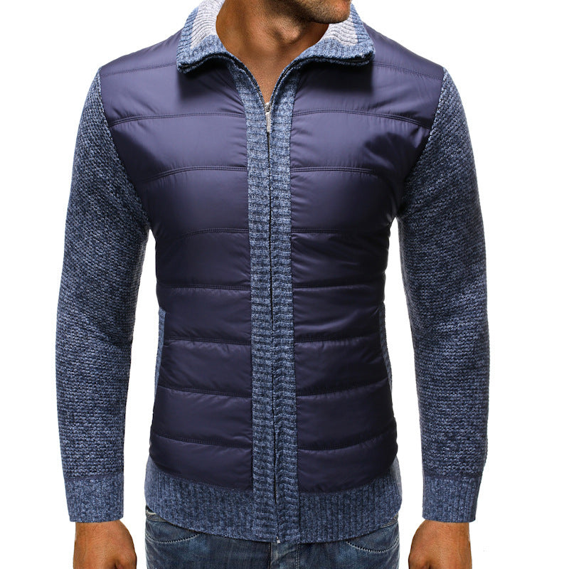 Quilted Hybrid Knit Sleeve Jacket with Stand Collar and Full Zip for Men