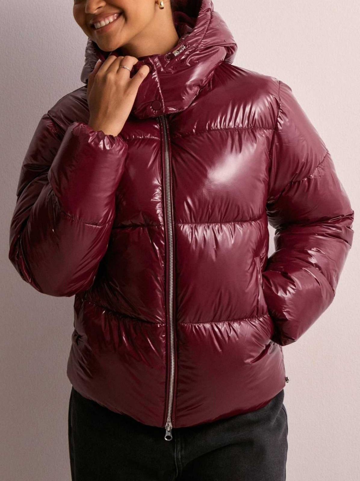 Shiny Polyester Quilted Jacket with Adjustable Hood and Zip Pockets for Women