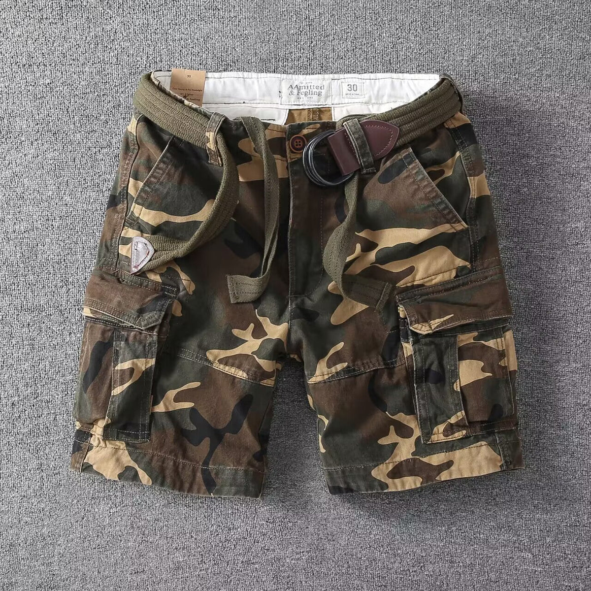 Washed Charcoal Relaxed Fit Utility Cargo Shorts with Adjustable Belt for Men