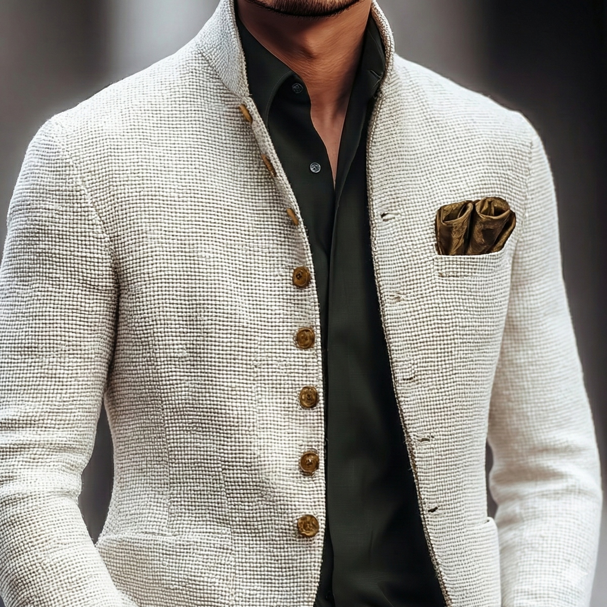 White Textured Knit Stand Collar Single Breasted Cardigan for Men | Smart Casual