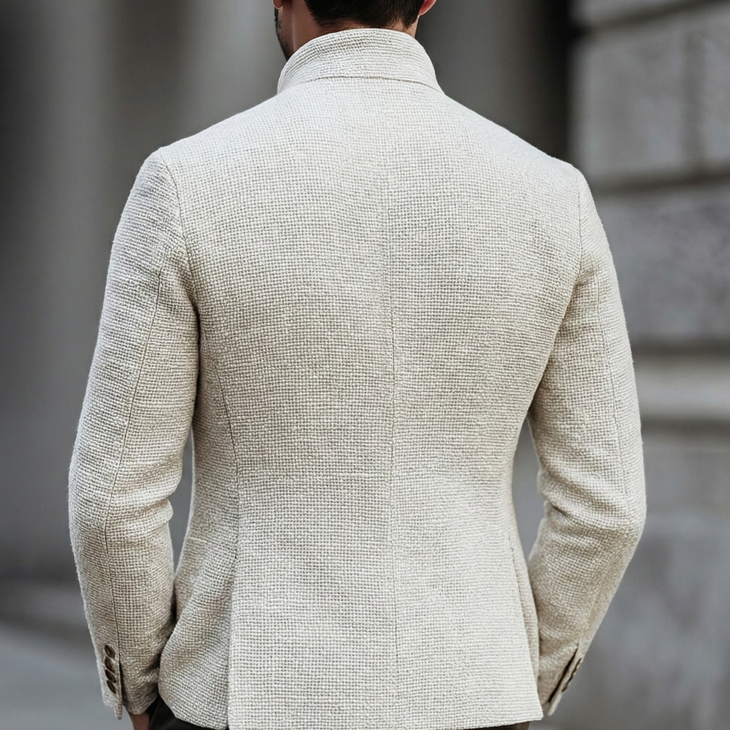 White Textured Knit Stand Collar Single Breasted Cardigan for Men | Smart Casual