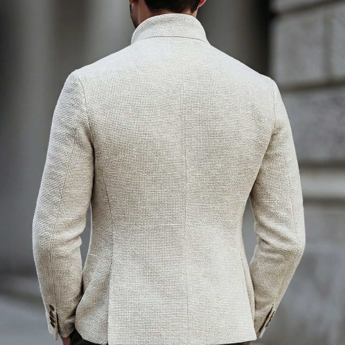 White Textured Knit Stand Collar Single Breasted Cardigan for Men | Smart Casual