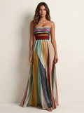 Women's Dress | Strapless Pleated Maxi with Coloured Panels
