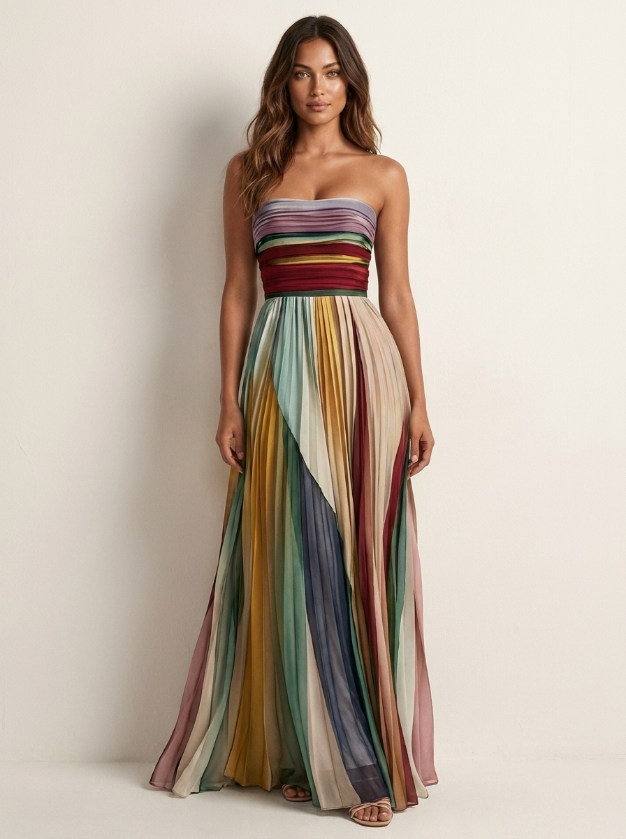 Women's Dress | Strapless Pleated Maxi with Coloured Panels