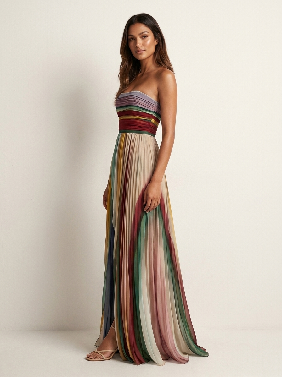 Women's Dress | Strapless Pleated Maxi with Coloured Panels