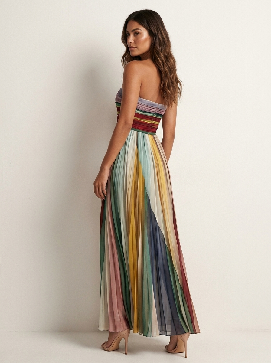Women's Dress | Strapless Pleated Maxi with Coloured Panels