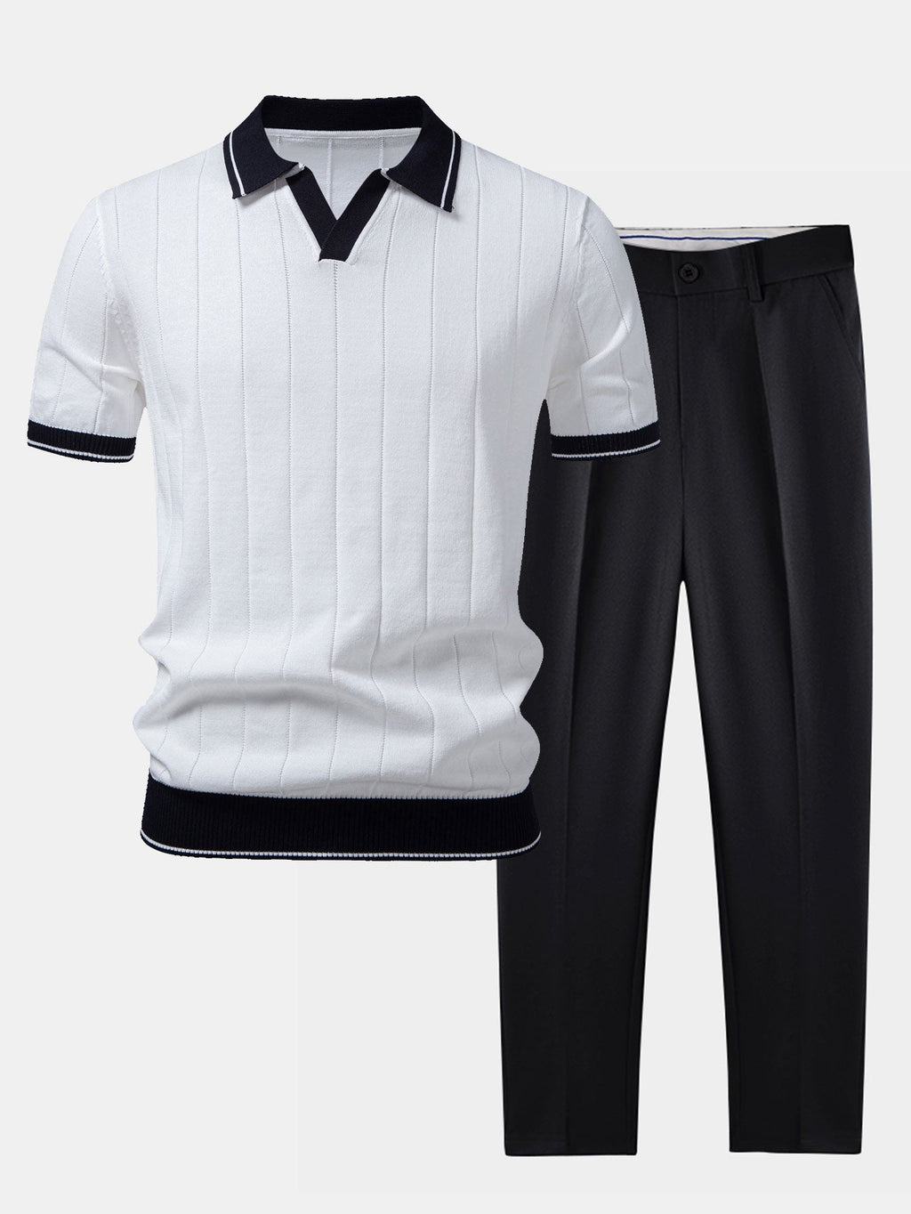 Ribbed Knit Polo and Tapered Pants Two-Piece Set for Men | Smart Casual Outfit