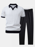 Ribbed Knit Polo and Tapered Pants Two-Piece Set for Men | Smart Casual Outfit