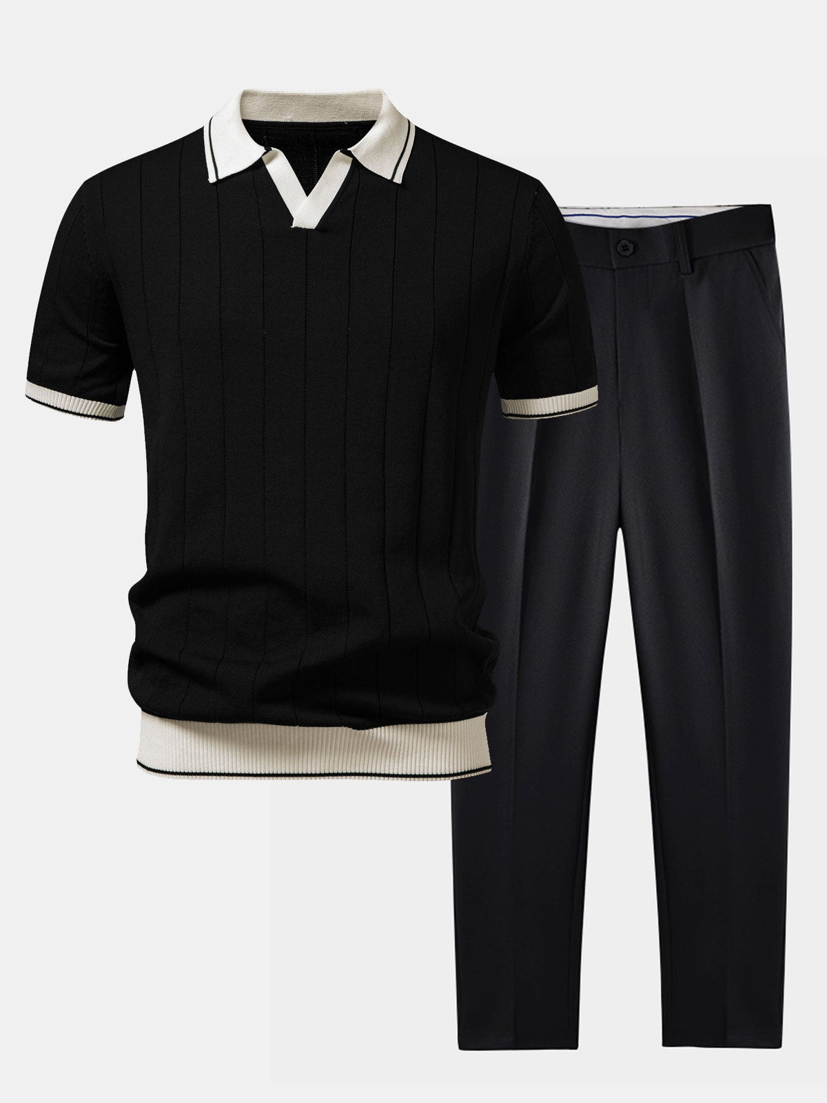 Ribbed Knit Polo and Tapered Pants Two-Piece Set for Men | Smart Casual Outfit