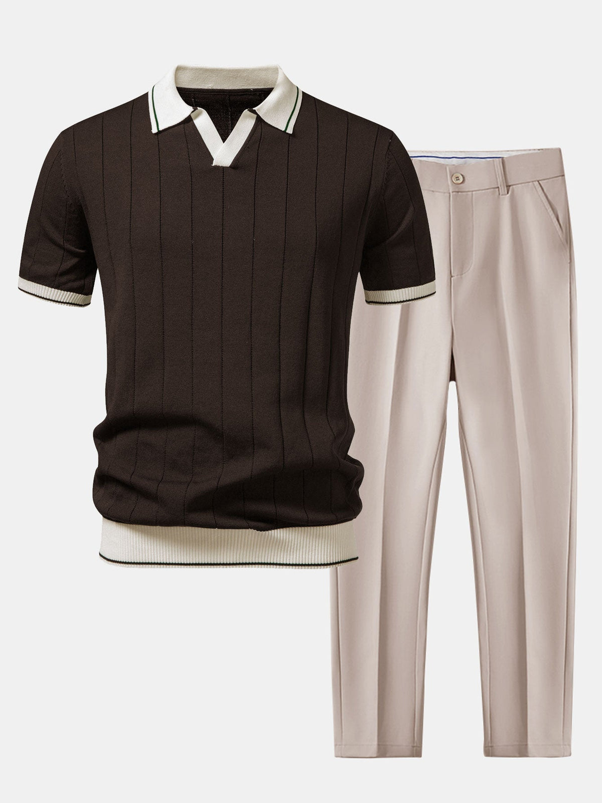 Ribbed Knit Polo and Tapered Pants Two-Piece Set for Men | Smart Casual Outfit