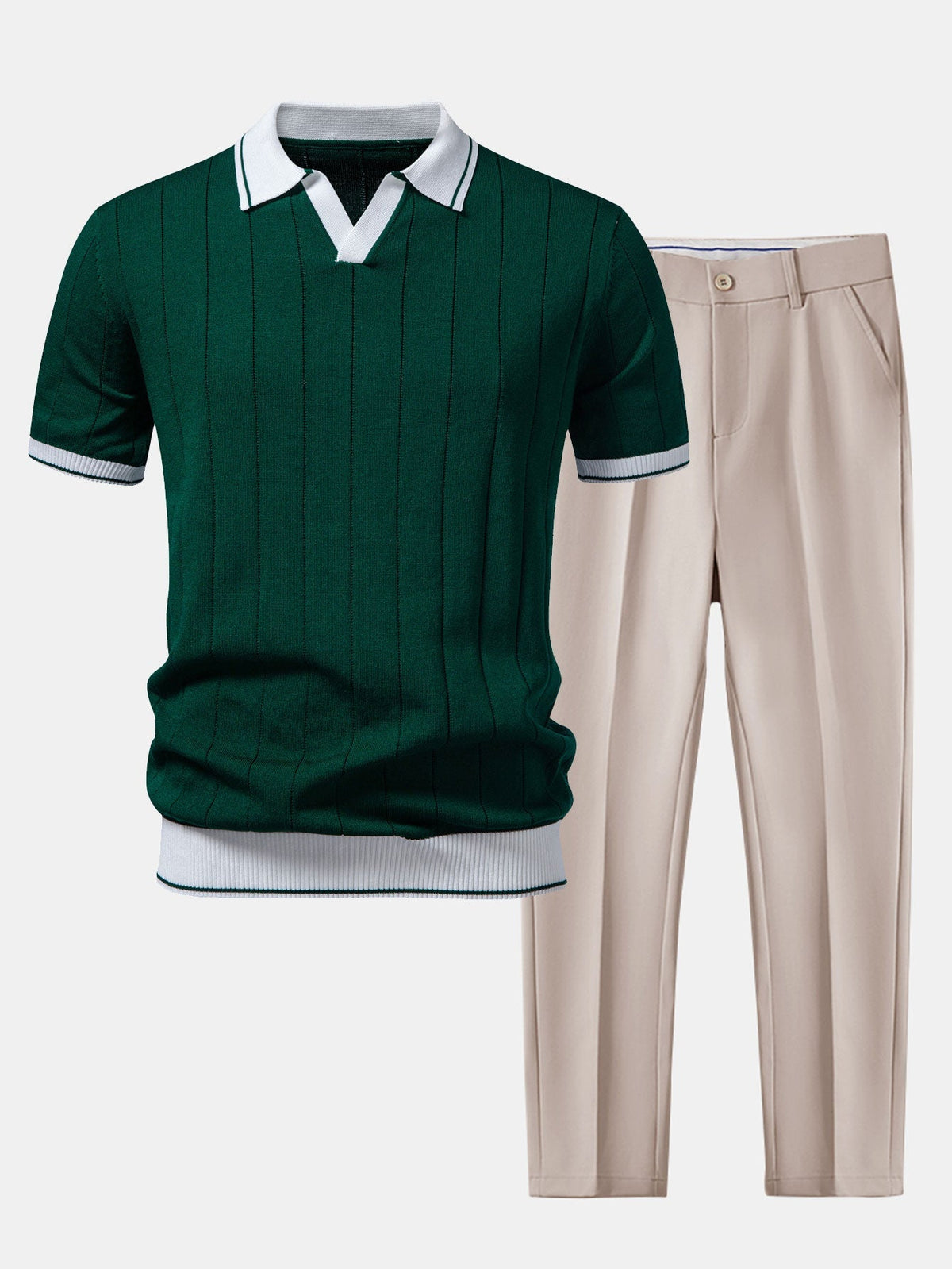 Ribbed Knit Polo and Tapered Pants Two-Piece Set for Men | Smart Casual Outfit