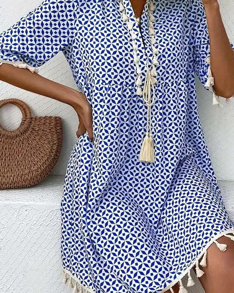 Blue Geometric Print Mini Tunic Dress for Women | Festival & Beach