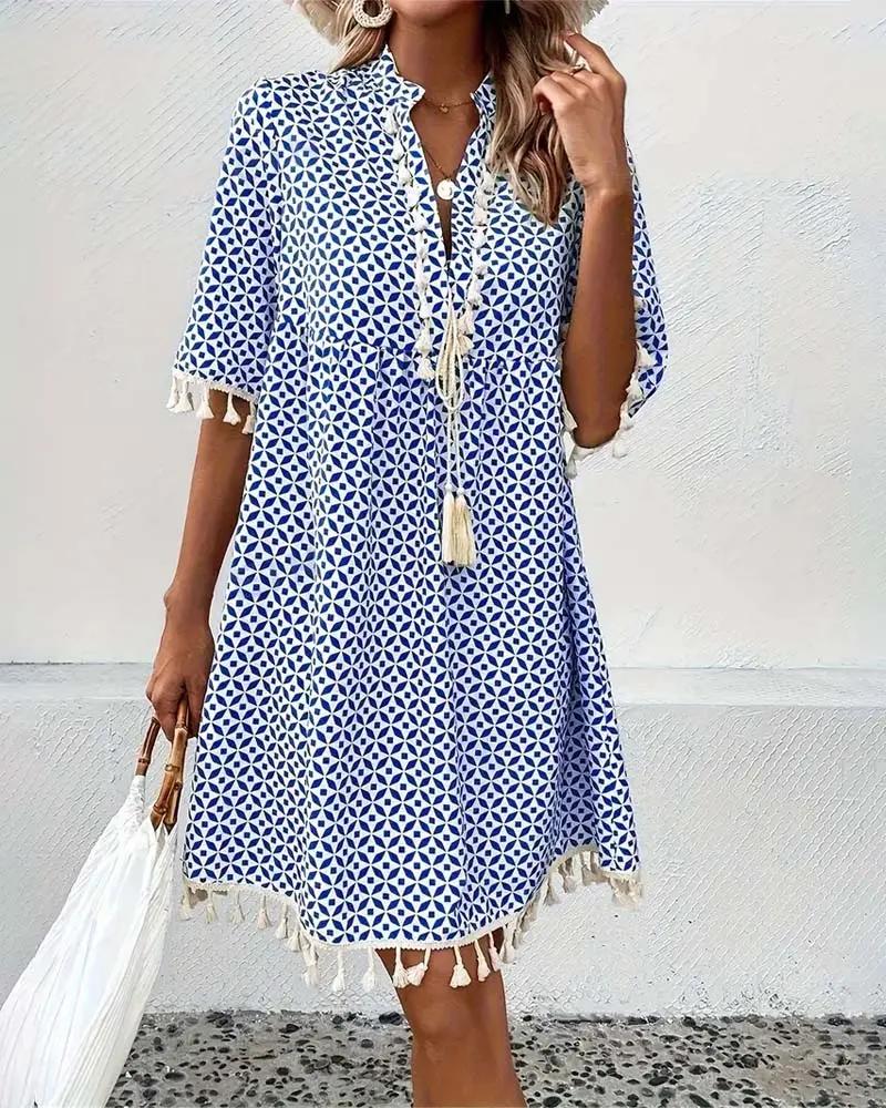 Blue Geometric Print Mini Tunic Dress for Women | Festival & Beach