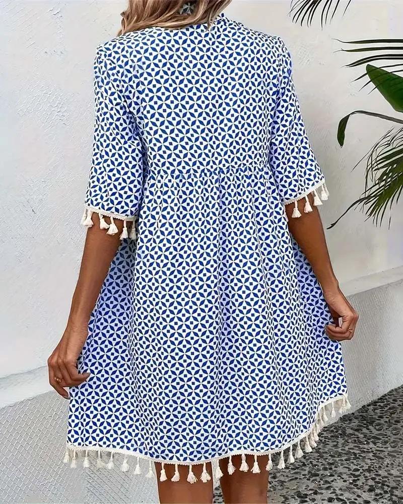 Blue Geometric Print Mini Tunic Dress for Women | Festival & Beach
