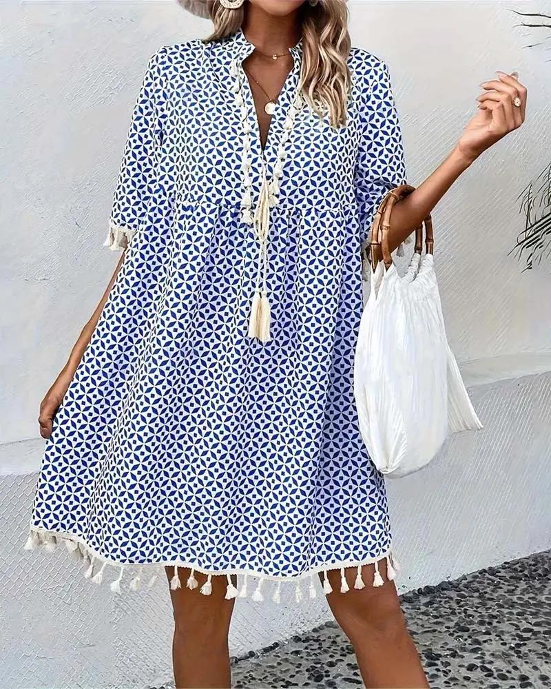 Blue Geometric Print Mini Tunic Dress for Women | Festival & Beach