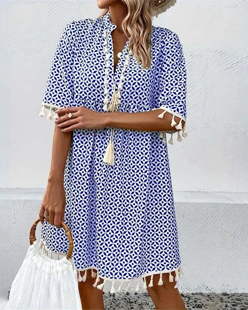 Blue Geometric Print Mini Tunic Dress for Women | Festival & Beach