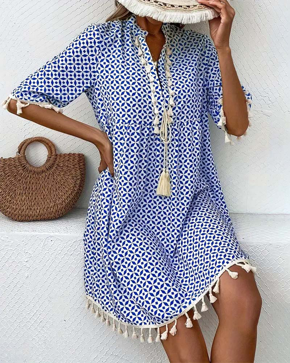 Blue Geometric Print Mini Tunic Dress for Women | Festival & Beach