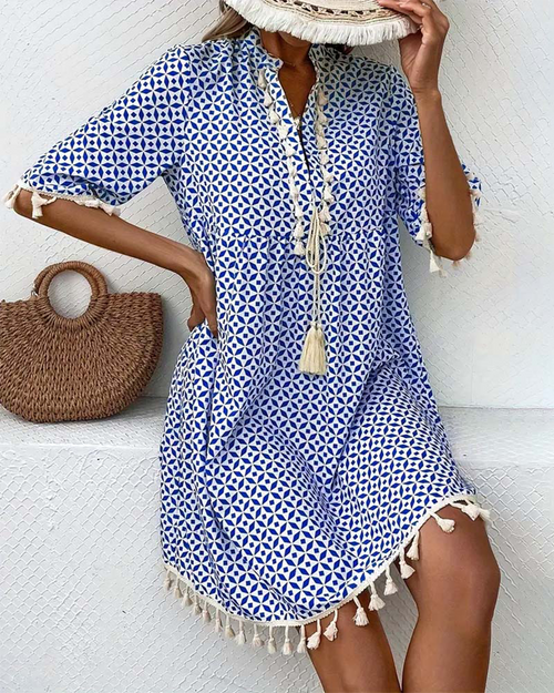 Blue Geometric Print Mini Tunic Dress for Women | Festival & Beach