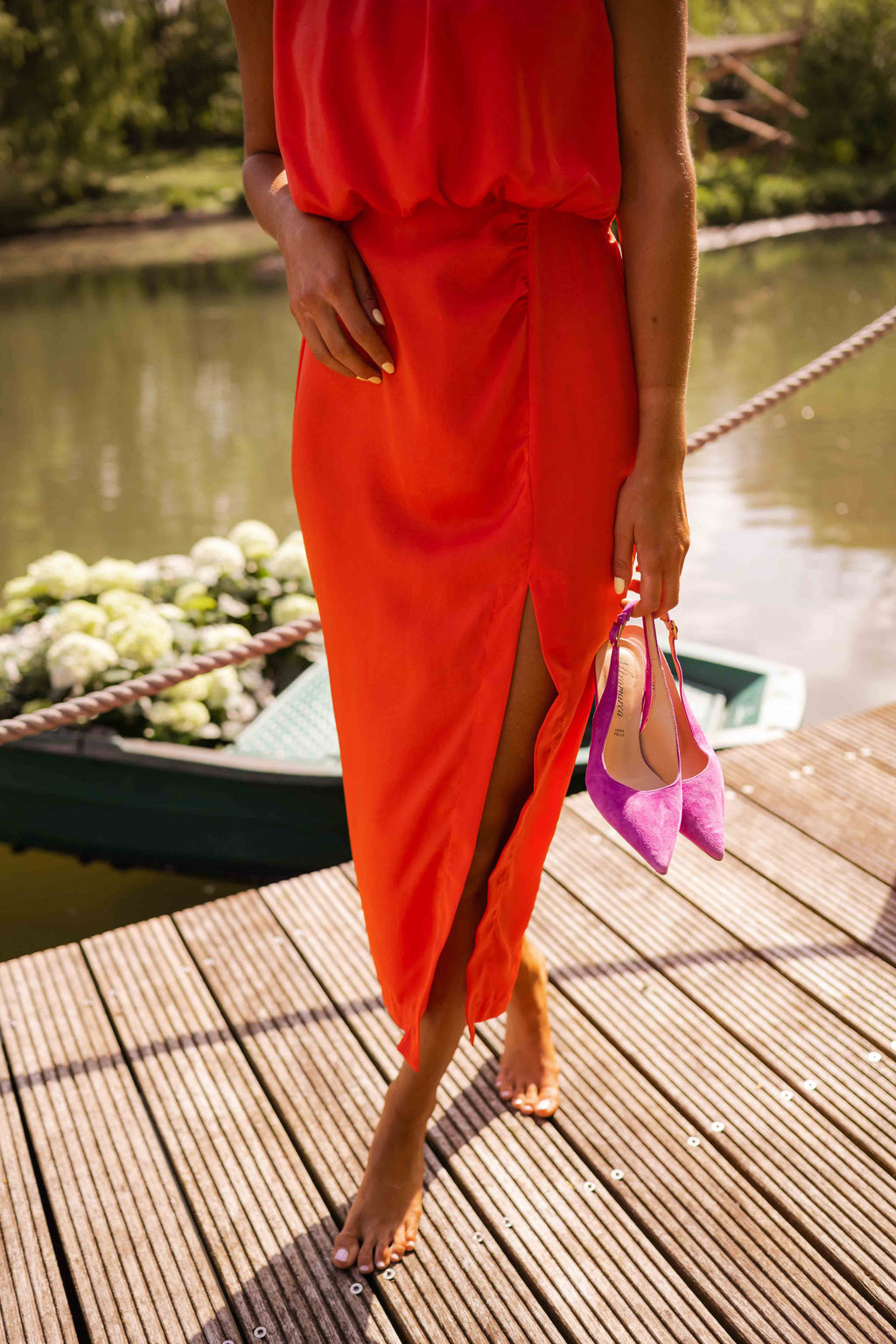 Orange Halter Neckline Midi Dress for Women | Summer Occasion
