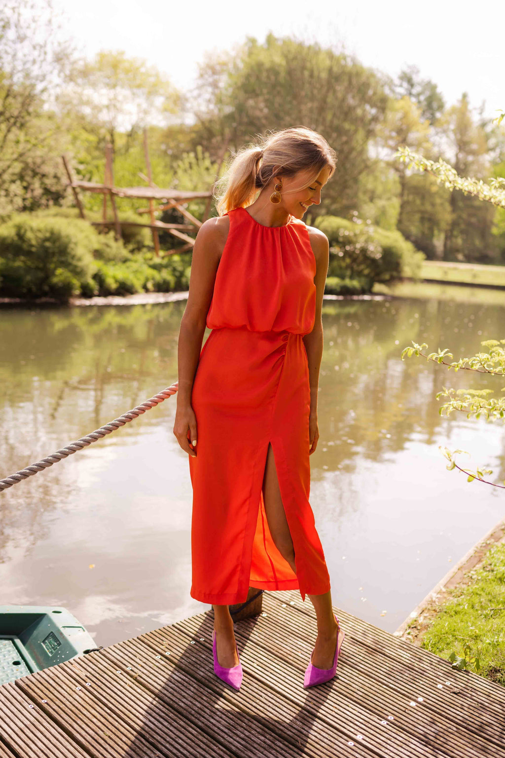 Orange Halter Neckline Midi Dress for Women | Summer Occasion