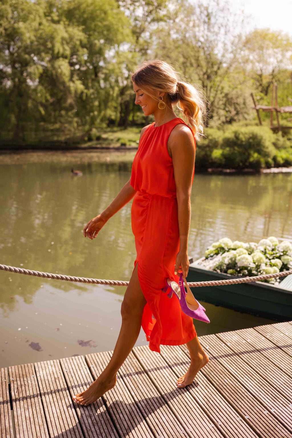 Orange Halter Neckline Midi Dress for Women | Summer Occasion