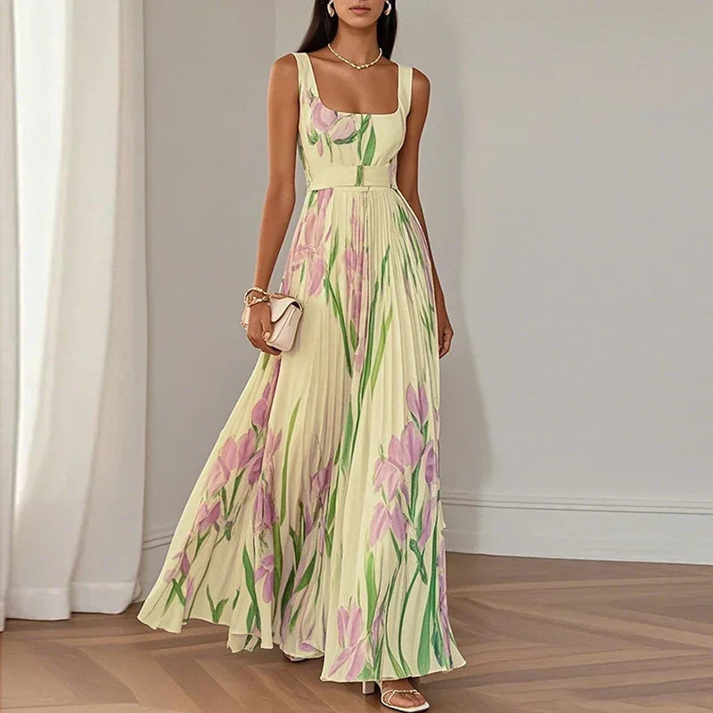Floral Square Neck Pleated Maxi Dress for Women | Wedding Guest