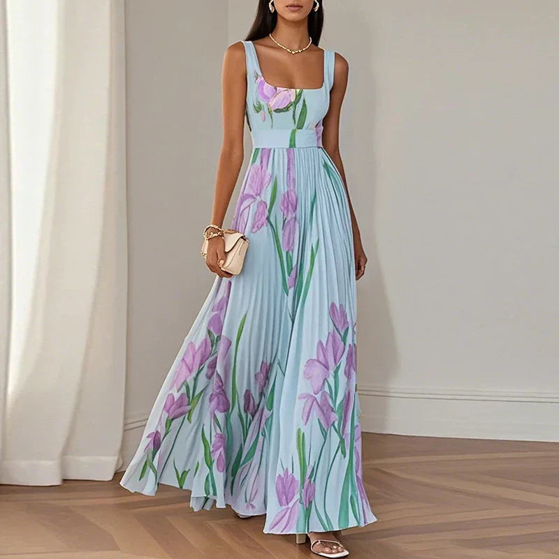 Floral Square Neck Pleated Maxi Dress for Women | Wedding Guest