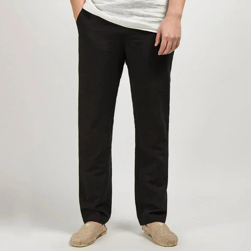 Beige Linen Relaxed Fit Straight Leg Lightweight Mid Rise Pants for Men