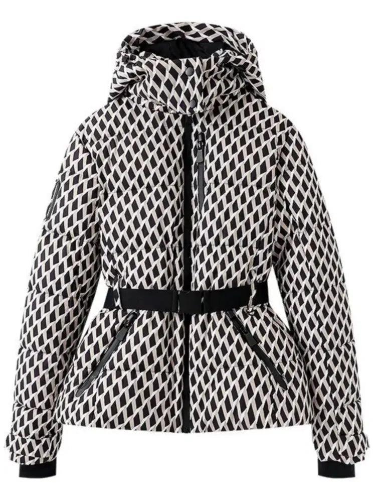 Women's Ski Jacket with Belt | Quilted Winter Jacket with Hood