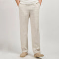 Beige Linen Relaxed Fit Straight Leg Lightweight Mid Rise Pants for Men